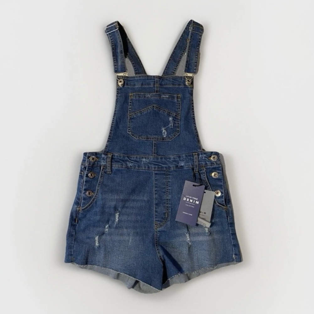 Love Tree size M women’s distressed stretch blue jean cutoffs shortalls NEW